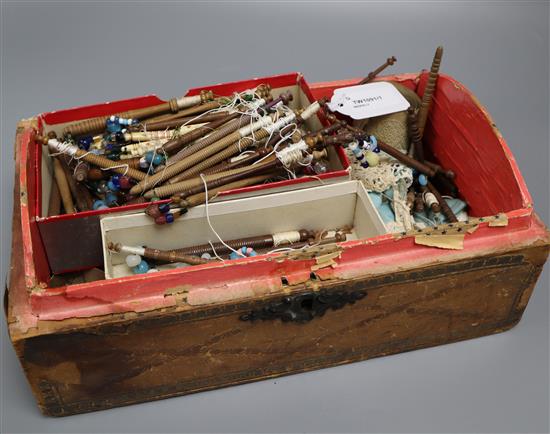 A collection of lacemakers bobbins, with ivory, bone, treen and spangled examples